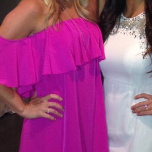 Off the shoulder ruffle dress - bright neon pink